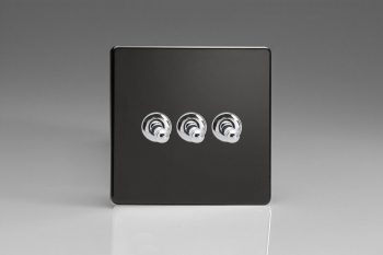 Varilight Flat Plate Screwless Jet Black 3-Gang 10A 1- or 2-Way Toggle Switch