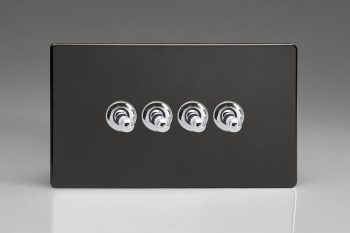 Varilight Flat Plate Screwless Jet Black 4-Gang 10A 1- or 2-Way Toggle Switch (Twin Plate)