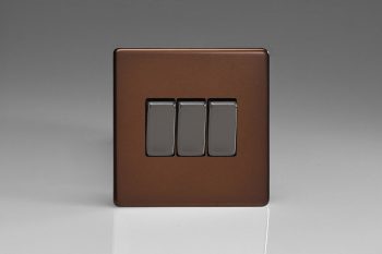Varilight Flat Plate Screwless Mocha 3-Gang 10A 1- or 2-Way Rocker Switch