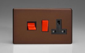 Varilight Flat Plate Screwless Mocha 45A Cooker Panel with 13A Double Pole Switched Socket Outlet (Red Rocker)