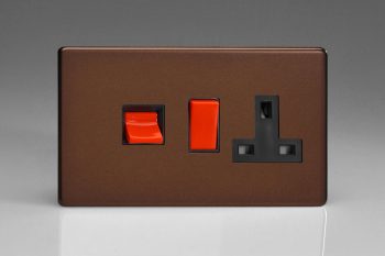 Varilight Flat Plate Screwless Mocha 45A Cooker Panel with 13A Double Pole Switched Socket Outlet (Red Rocker)
