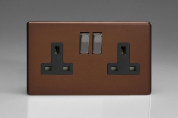 Varilight Flat Plate Screwless Mocha 2-Gang 13A Double Pole Switched Socket with Metal Rockers