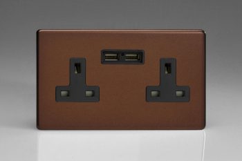 Varilight Flat Plate Screwless Mocha 2-Gang 13A Unswitched Socket + 2 5V DC 2100mA USB Charging Ports