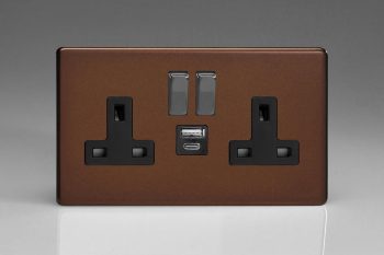 Varilight Flat Plate Screwless Mocha 2-Gang 13A Single Pole Switched Socket with 1x USB A & 1x USB C Charging Ports
