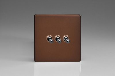 Varilight Flat Plate Screwless Mocha 3-Gang 10A 1- or 2-Way Toggle Switch