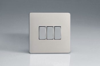 Varilight Flat Plate Screwless Satin Chrome 3-Gang 10A 1- or 2-Way Rocker Switch