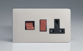 Varilight Flat Plate Screwless Satin Chrome 45A Cooker Panel with 13A Double Pole Switched Socket Outlet (Red Rocker)