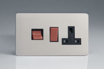 Varilight Flat Plate Screwless Satin Chrome 45A Cooker Panel with 13A Double Pole Switched Socket Outlet (Red Rocker)
