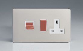 Varilight Flat Plate Screwless Satin Chrome 45A Cooker Panel with 13A Double Pole Switched Socket Outlet (Red Rocker)