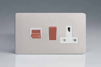 Varilight Flat Plate Screwless Satin Chrome 45A Cooker Panel with 13A Double Pole Switched Socket Outlet (Red Rocker)
