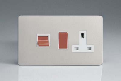 Varilight Flat Plate Screwless Satin Chrome 45A Cooker Panel with 13A Double Pole Switched Socket Outlet (Red Rocker)