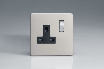 Varilight Flat Plate Screwless Satin Chrome 1-Gang 13A Double Pole Switched Socket with Metal Rockers