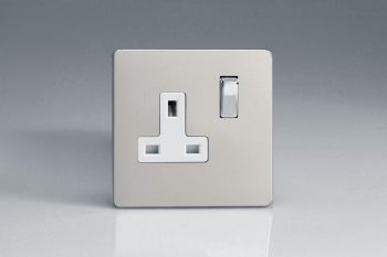 Varilight Flat Plate Screwless Satin Chrome 1-Gang 13A Double Pole Switched Socket with Metal Rockers