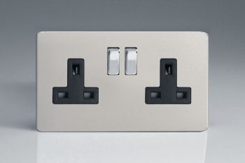 Varilight Flat Plate Screwless Satin Chrome 2-Gang 13A Double Pole Switched Socket with Metal Rockers