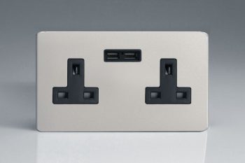 Varilight Flat Plate Screwless Satin Chrome 2-Gang 13A Unswitched Socket + 2 5V DC 2100mA USB Charging Ports