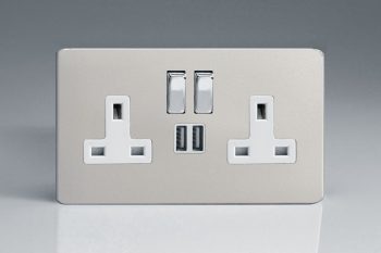 Varilight Flat Plate Screwless Satin Chrome 2-Gang 13A Single Pole Switched Socket with Metal Rockers + 2 5V DC 2100mA USB Charging Ports