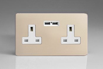 Varilight Flat Plate Screwless Satin Chrome 2-Gang 13A Unswitched Socket + 2 5V DC 2100mA USB Charging Ports