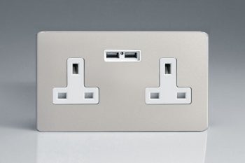 Varilight Flat Plate Screwless Satin Chrome 2-Gang 13A Unswitched Socket + 2 5V DC 2100mA USB Charging Ports