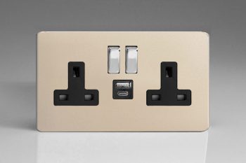Varilight Flat Plate Screwless Satin 2-Gang 13A Single Pole Switched Socket with 1x USB A & 1x USB C Charging Ports