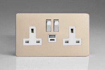 Varilight Flat Plate Screwless Satin 2-Gang 13A Single Pole Switched Socket with 1x USB A & 1x USB C Charging Ports