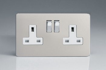 Varilight Flat Plate Screwless Satin Chrome 2-Gang 13A Double Pole Switched Socket with Metal Rockers