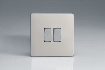 Varilight Flat Plate Screwless Satin Chrome 2-Gang (10A Intermediate Switch + 10A 1- or 2-Way Rocker Switch)