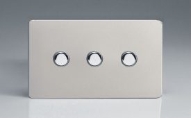 Varilight Flat Plate Screwless Satin Chrome 3-Gang 6A 1-Way Push-to-Make Momentary Switch (Twin Plate)