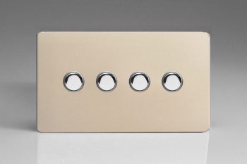 Varilight Flat Plate Screwless Satin Chrome 4-Gang 6A 1- or 2-Way Push-On/Off Impulse Switch (Twin Plate)