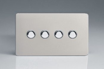 Varilight Flat Plate Screwless Satin Chrome 4-Gang 6A 1- or 2-Way Push-On/Off Impulse Switch (Twin Plate)