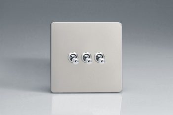 Varilight Flat Plate Screwless Satin Chrome 3-Gang 10A 1- or 2-Way Toggle Switch
