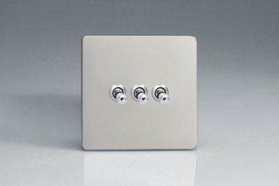 Varilight Flat Plate Screwless Satin Chrome 3-Gang 10A 1- or 2-Way Toggle Switch