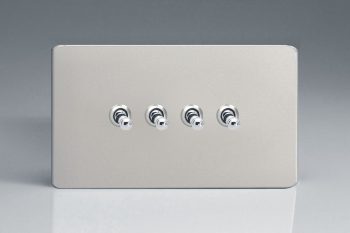 Varilight Flat Plate Screwless Satin Chrome 4-Gang 10A 1- or 2-Way Toggle Switch (Twin Plate)