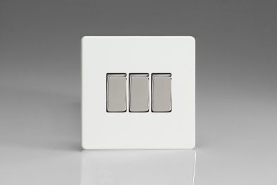 Varilight Flat Plate Screwless Premium White 3-Gang 10A 1- or 2-Way Rocker Switch