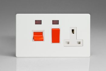 Varilight Flat Plate Screwless Premium White 45A Cooker Panel + Neon with 13A Double Pole Switched Socket Outlet (Red Rocker)