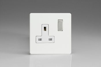 Varilight Flat Plate Screwless Premium White 1-Gang 13A Double Pole Switched Socket with Metal Rockers