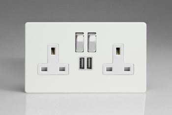 Varilight Flat Plate Screwless Premium White 2-Gang 13A Single Pole Switched Socket with Metal Rockers + 2 5V DC 2100mA USB Charging Ports