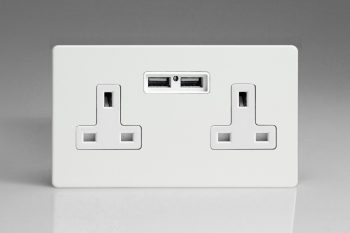 Varilight Flat Plate Screwless Premium White 2-Gang 13A Unswitched Socket + 2 5V DC 2100mA USB Charging Ports