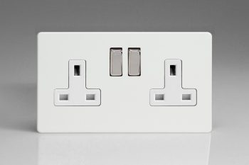 Varilight Flat Plate Screwless Premium White 2-Gang 13A Double Pole Switched Socket with Metal Rockers