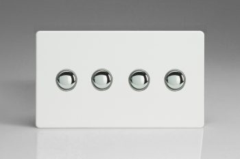 Varilight Flat Plate Screwless Premium White 4-Gang 6A 1- or 2-Way Push-On/Off Impulse Switch (Twin Plate)