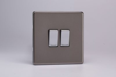 Varilight Flat Plate Screwless Pewter 2-Gang 10A 1- or 2-Way Rocker Switch