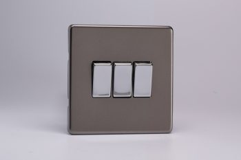 Varilight Flat Plate Screwless Pewter 3-Gang 10A 1- or 2-Way Rocker Switch