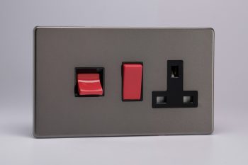 Varilight Flat Plate Screwless Pewter 45A Cooker Panel with 13A Double Pole Switched Socket Outlet (Red Rocker)