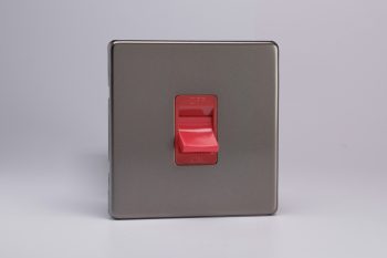 Varilight Flat Plate Screwless Pewter 45A Cooker Switch (Single Plate, Red Rocker)