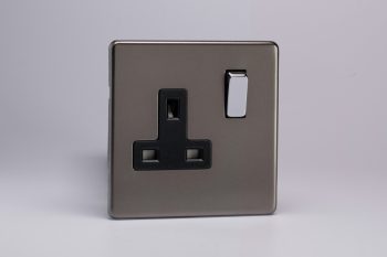 Varilight Flat Plate Screwless Pewter 1-Gang 13A Double Pole Switched Socket with Metal Rockers