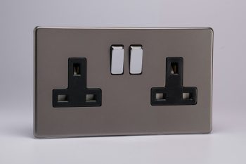 Varilight Flat Plate Screwless Pewter 2-Gang 13A Double Pole Switched Socket with Metal Rockers