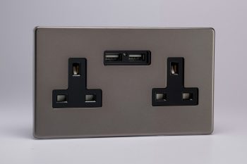 Varilight Flat Plate Screwless Pewter 2-Gang 13A Unswitched Socket + 2 5V DC 2100mA USB Charging Ports