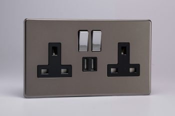 Varilight Flat Plate Screwless Pewter 2-Gang 13A Single Pole Switched Socket with Metal Rockers + 2 5V DC 2100mA USB Charging Ports