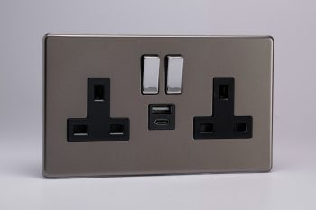 Varilight Flat Plate Screwless Pewter 2-Gang 13A Single Pole Switched Socket with 1x USB A & 1x USB C Charging Ports