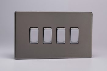 Varilight Flat Plate Screwless Pewter 4-Gang 10A 1- or 2-Way Rocker Switch (Twin Plate)