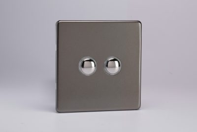 Varilight Flat Plate Screwless Pewter 2-Gang 6A 1-Way Push-to-Make Momentary Switch